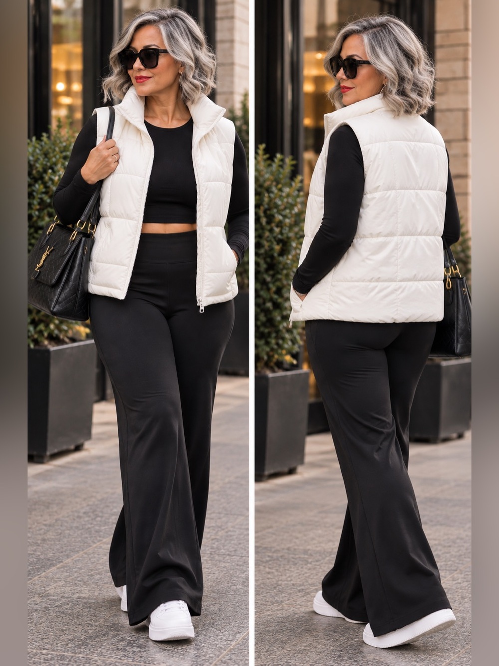 SHEIN Black Wide Leg Pull-On Pants with White Puffer Vest Styling